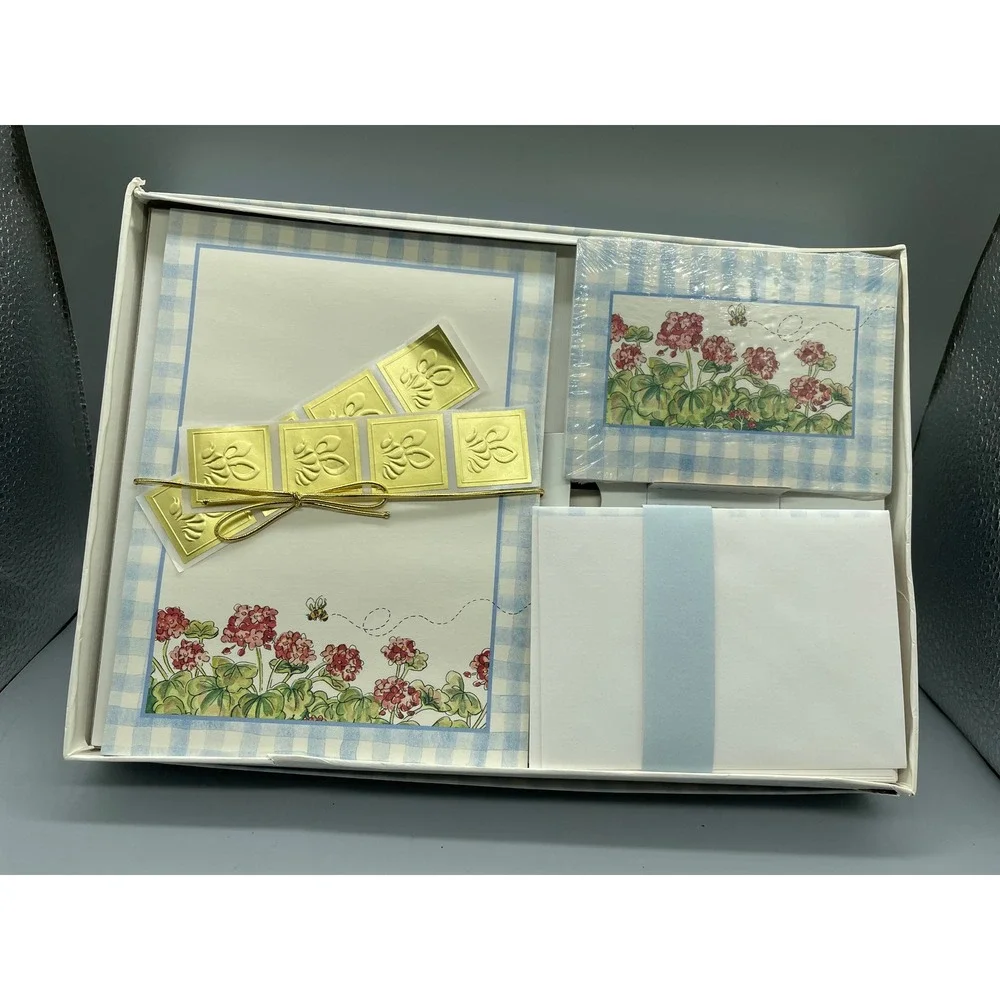 Vintage Geranium‎ Floral Stationery Set Blue Gingham Note Cards Envelopes Seals